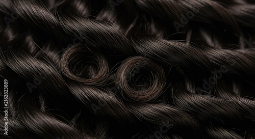 A detailed close-up shot of luxurious, dark hair styled into perfectly formed, bouncing spiral ringlets, showcasing texture and shine ,classic ,intricate ,special occasion