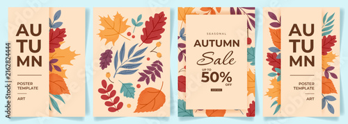 Autumn Background set with Leaves Grain Texture Foliage Plants. Modern Trendy Fall Season Card Template Swiss style. Autumn Event Trendy Posters Sale ad social media marketing branding packaging cover