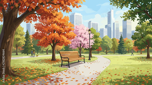 Beautiful Autumn City Park Landscape with Wooden Bench on Pathway Colorful Foliage Trees and Modern Skyscraper Buildings Background Vector Illustration