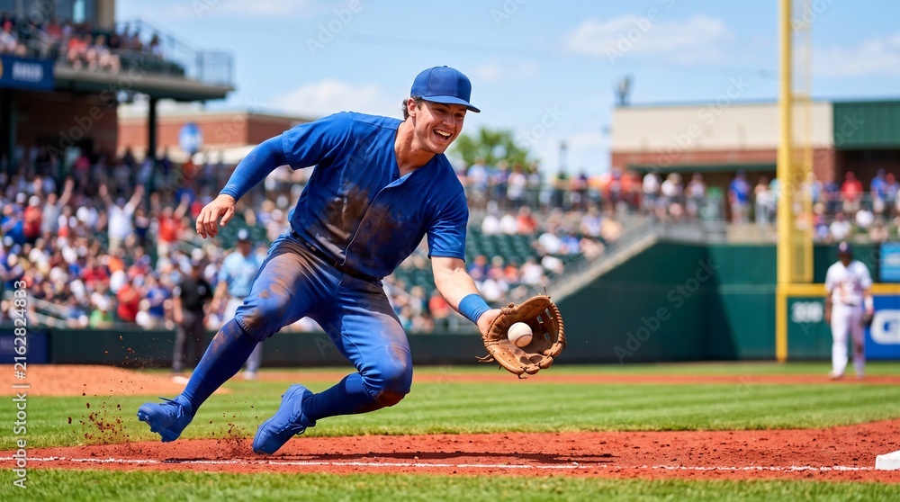 Obraz premium Infielder fielding a ground ball, Young male baseball player fielding ground ball on dirt in outdoor stadium 