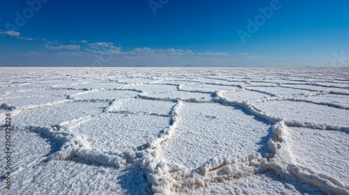 Vast white salt flat stretches to horizon under a clear, bright blue sky with interesting geometric textures in the salt