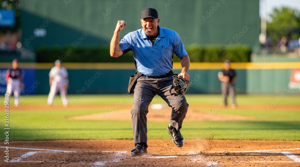 Obraz premium Umpire calling a strike, Male baseball umpire signaling on field during game in outdoor stadium 