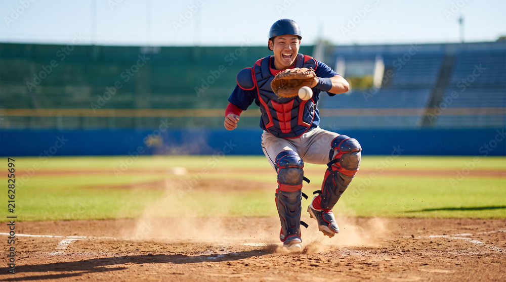 Obraz premium Catcher in full gear, Young male baseball catcher in uniform catching ball on outdoor stadium field 