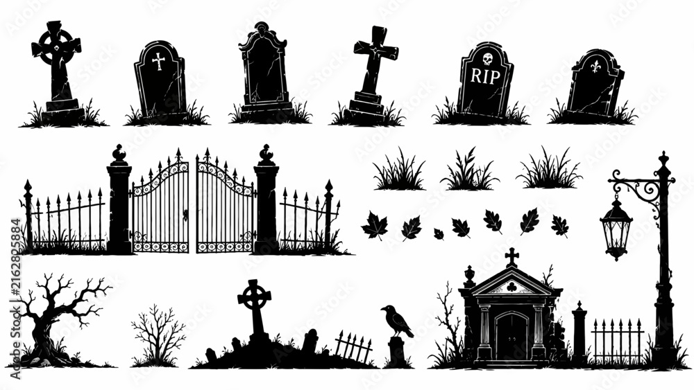 Fototapeta premium Collection of Spooky Cemetery Silhouettes for Halloween Graveyard Design