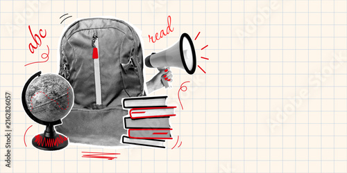 Backpack Books Globe and Megaphone Show Bold Education Collage. Halftone Images Add Handmade Print Texture with Red Doodle Marks. Ideal For Back To School Posters Flyers and Editorial Graphics Assets.