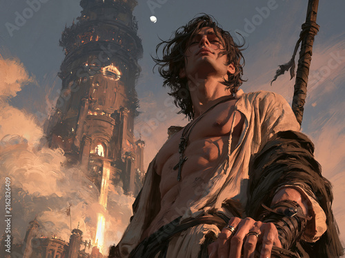 Man Standing Before Tower Under Fiery Sky