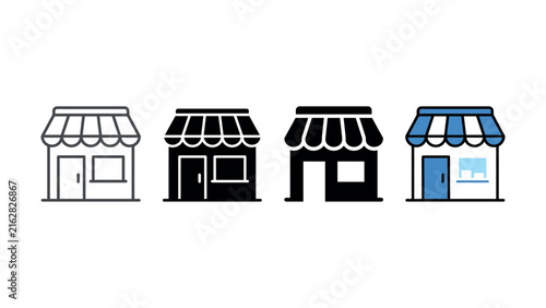 Принти на полотні Set of four shop building icons featuring various outline and solid styles for w