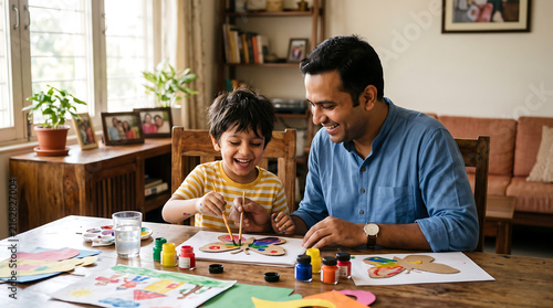 Father Helping Young Child with Homework at Home