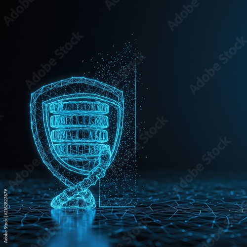 A glowing blue data helix structure is encased in a protective geometric security barrier representing strong digital defense against threats ,wire ,shield ,security