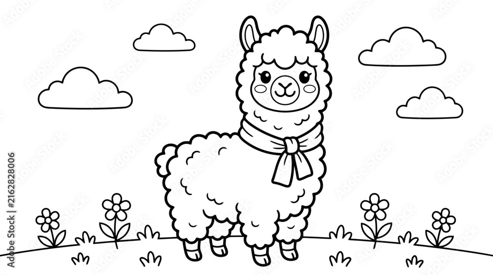 Naklejka premium Cute cartoon llama standing in a field with flowers and fluffy clouds above
