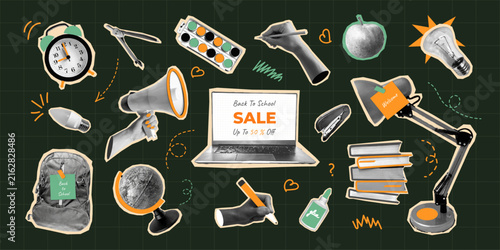 Back To School Halftone Collage Set With Vintage Photo Cutout Style. Education Objects Create Creative Banner. Vector Collection For Seasonal Promotion Social Media Branding Design Pack elements