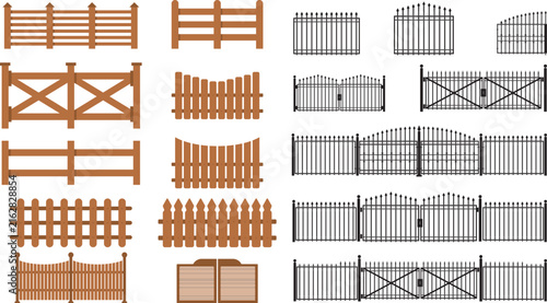 Fence designs and metal gates set. Wooden and steel fence panels illustration collection.