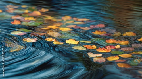 Flowing water reflects light and swirls around colorful, fallen leaves in autumn's embrace