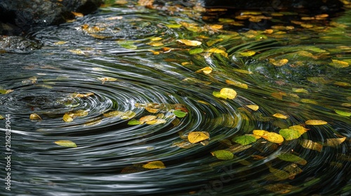 Swirling water surface, autumn leaves. Long exposure effect shows motion, creating elegant patterns, capturing a natural scene