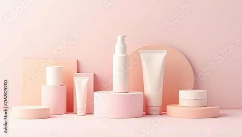 Cosmetic product packaging set on pastel pink geometric podiums