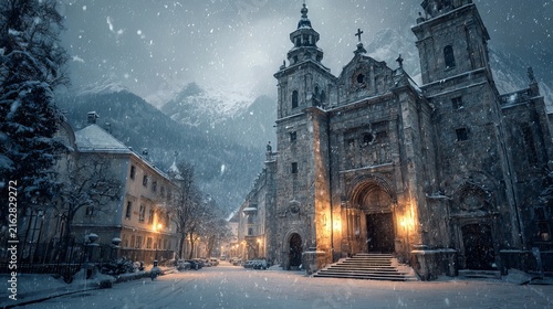 Snow-covered cobblestone street leads to an ornate cathedral illuminated by golden light against a backdrop of towering mountains