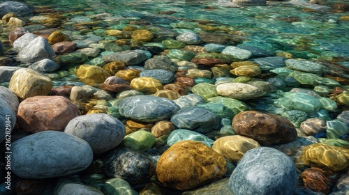 A close-up showcases a clear, shallow stream bed, revealing colorful, smooth river rocks beneath the shimmering water