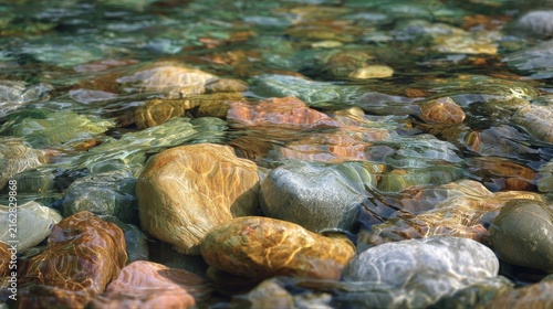 Crystal-clear, shallow water flows over smooth, colorful river rocks, creating a dynamic surface. Light reflects, textures abound