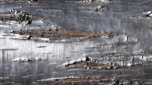 Close-up of tree bark with silver and brown hues, showing textured surface with peeling layers