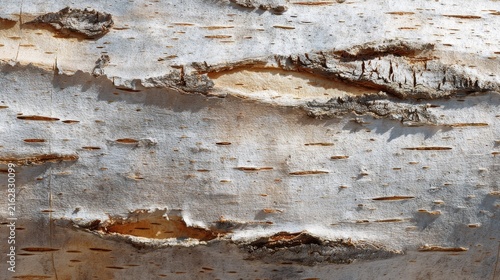 Close-up of smooth, white tree bark peeling to reveal rough, textured layers with horizontal markings. Subtle colors