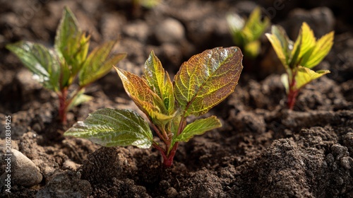 Close-up of small plants emerging from soil, showcasing green and reddish leaves, early growth stage