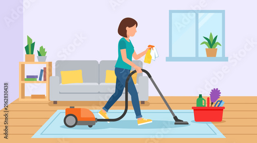 Woman cleaning carpet with vacuum in living room