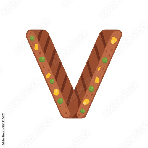 Letter V, designed as grilled sandwich filled with corn and peas, evokes sense of healthy, wholesome, and delicious food