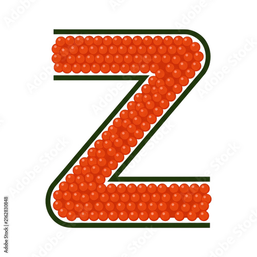 Vibrant letter Z shape filled with numerous small, round, red objects, possibly caviar or berries. design evokes sense of luxury and abundance