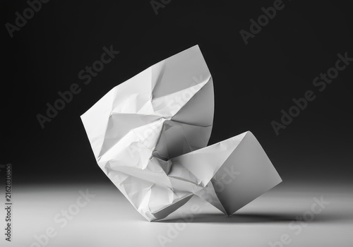 A pristine white page is crumpled and twisted, symbolizing mental blockage, a difficult start, creative failure, or the inability to move past an impasse ,confusion ,start ,impasse