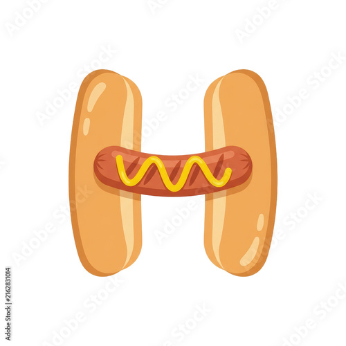 Delightful hot dog sandwich shaped like letter H, showcasing juicy sausage topped with bright yellow mustard, evoking feelings of fun and comfort