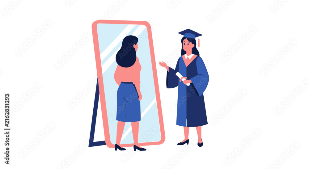 Fototapeta premium Successful Career Planning and Ambition Concept: Woman Looking into Mirror Seeing Future Self as a University Graduate