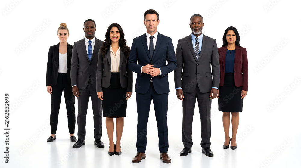 Fototapeta premium A diverse group of professional business executives standing confidently in formal suits against a clean white background representing corporate leadership and success
