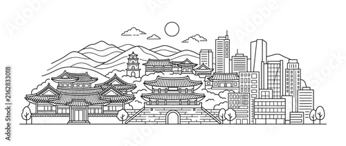 Asian cityscape illustration with temples and modern buildings