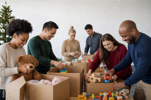 Charitable Donation Effort: A group of diverse volunteers cheerfully pack toys and gifts into cardboard boxes, contributing to a heartwarming charitable drive.