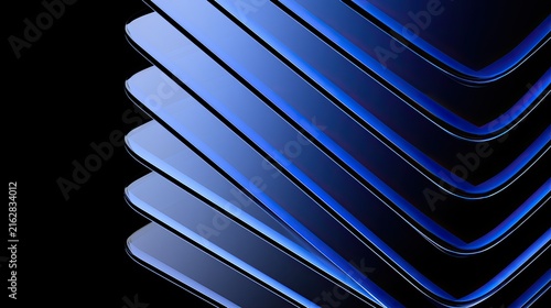 Layered, reflective blue forms curve and recede against a dark background