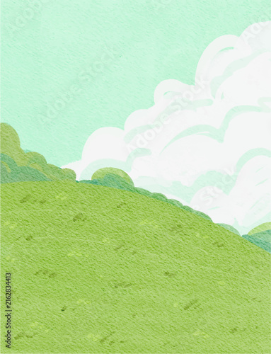 cute abstract watercolor illustration of colorful soft pastel cloud blue sky, grass field, meadow hill scenery background wallpaper	