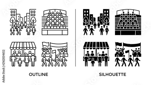 Street Festival Scene: A vibrant street festival depicted in both outline and silhouette styles, showcasing stalls, crowds of people, and urban buildings.