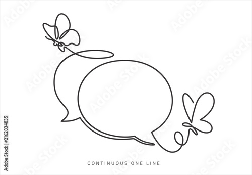 Continuous one line drawing of butterflies flying and carrying speech bubbles, communication and inspiration concept, hand drawn vector