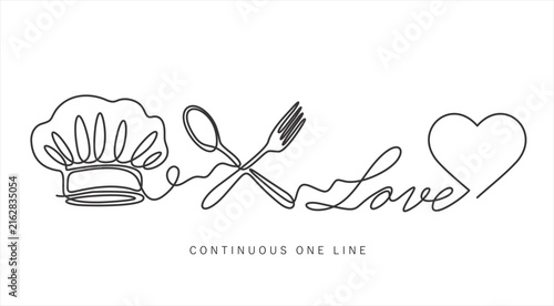 Continuous one line drawing of chef hat, crossed fork and spoon, LOVE word and heart, cooking with love concept, hand drawn vector