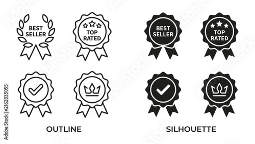 Award Icon Set: A collection of stylized award icons, including 'Best Seller' and 'Top Rated' badges in both outline and silhouette formats, signifying quality and recognition.