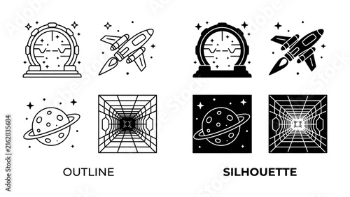 Space Exploration Icons: A set of graphic icons depicting various elements of space exploration, including rockets, planets, portals, and futuristic interfaces.