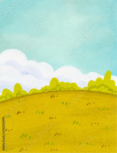 cute abstract watercolor illustration of colorful soft pastel cloud blue sky, grass field, meadow hill scenery background wallpaper	