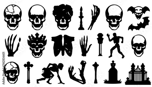 Set of Hand Drawn Skull Silhouettes, Cartoon Vector Illustrations and Halloween Character Icons Collection for Fun Design, Fashion and Creative Artwork