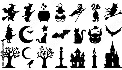 Halloween Animal Silhouettes Vector Set with Cat, Pumpkin, Ghost, Monster, Christmas Tree, Hat and Holiday Icons for Seasonal Cartoon Design