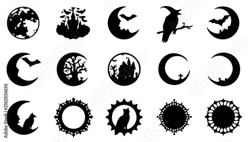 Halloween Vector Icon Set with Pumpkins, Cats, Bats, Ghosts, Floral Elements and Decorative Silhouettes for Holiday Design