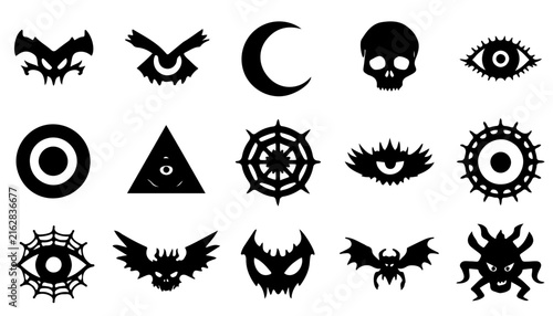 Fire Icons Set, Black and White Halloween Symbols with Pumpkin, Bat, Ghost, Witch Hat, Skull, Spider and Spooky Cartoon Silhouettes for Autumn Holiday D