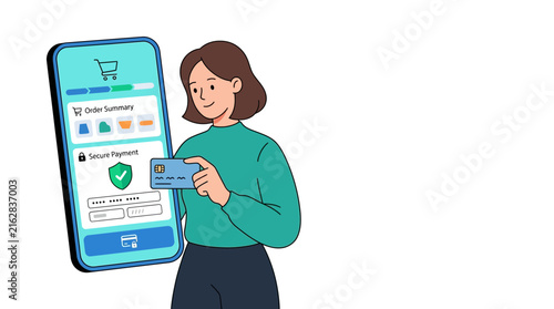 Foto Young woman using a smartphone to make a secure online payment with a credit card
