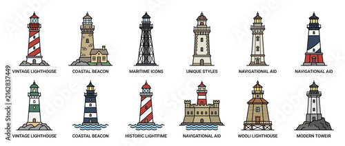 Collection of Diverse Lighthouse Illustrations Isolated on White