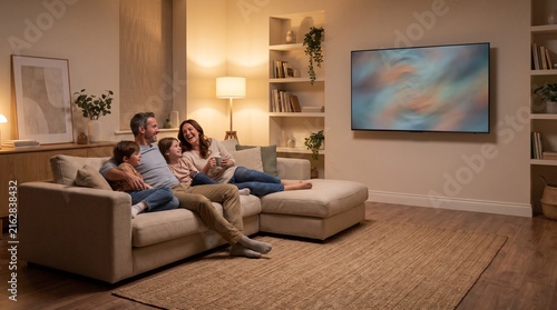 Family Relaxing Together While Watching Television in a Modern Living Room