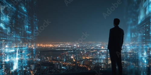 Man Observing Digital Interface with Data Visualization Over Cityscape Showing Analytics and Global Connections for Business and Technology Themes